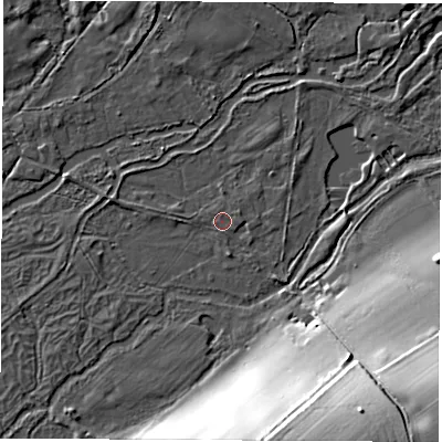 Shaded relief map of the ground around SP116PH, computed from Environment Agency LiDAR. The ground here sits at about 54 m above sea level and falls 28 m across the surrounding 800 m. Surface water reaching this point runs off ground lying to the east-north-east, 0.8 m higher.