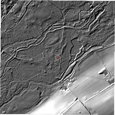 Shaded relief map of the ground around SP116PN, computed from Environment Agency LiDAR. The ground here sits at about 54 m above sea level and falls 28 m across the surrounding 800 m. The ground contributing surface water to this point lies to the north-east.