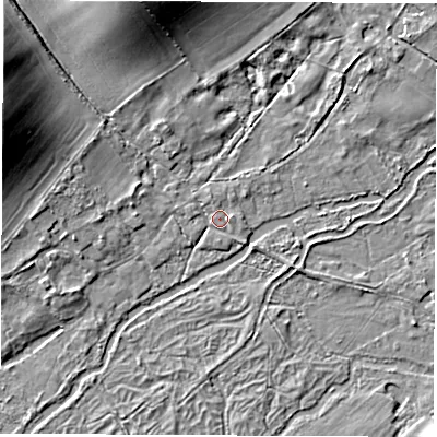 Shaded relief map of the ground around SP116PQ, computed from Environment Agency LiDAR. The ground here sits at about 54 m above sea level and falls 13 m across the surrounding 800 m. Surface water reaching this point runs off ground lying to the east, 1.1 m higher.