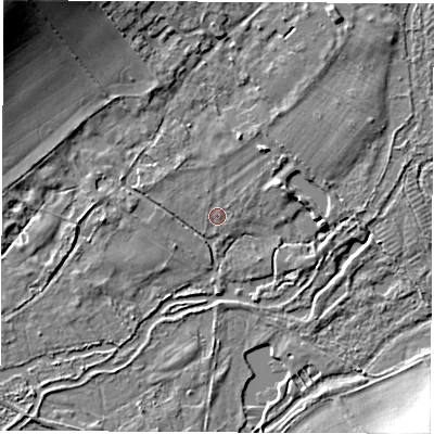 Shaded relief map of the ground around SP116PS, computed from Environment Agency LiDAR. The ground here sits at about 55 m above sea level and falls 15 m across the surrounding 800 m. Surface water reaching this point runs off ground lying to the north-east, 2.5 m higher.
