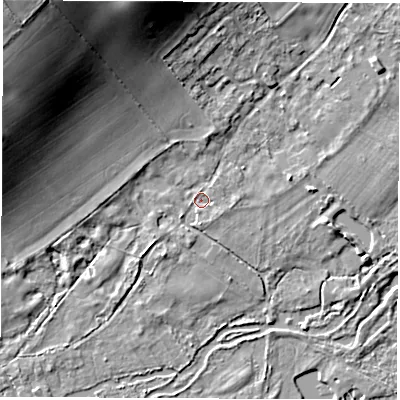 Shaded relief map of the ground around SP116PW, computed from Environment Agency LiDAR. The ground here sits at about 55 m above sea level and falls 23 m across the surrounding 800 m. Surface water reaching this point runs off ground lying to the north-north-west, 14.7 m higher.