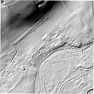 Shaded relief map of the ground around SP116QF, computed from Environment Agency LiDAR. The ground here sits at about 58 m above sea level and falls 30 m across the surrounding 800 m. Surface water reaching this point runs off ground lying to the north-north-west, 27.3 m higher.