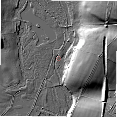 Shaded relief map of the ground around SP116QT, computed from Environment Agency LiDAR. The ground here sits at about 60 m above sea level and falls 26 m across the surrounding 800 m. Surface water reaching this point runs off ground lying to the east, 22.0 m higher.