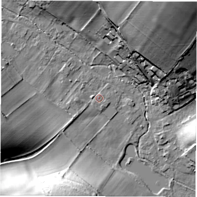 Shaded relief map of the ground around SP116YH, computed from Environment Agency LiDAR. The ground here sits at about 80 m above sea level and falls 41 m across the surrounding 800 m. The ground contributing surface water to this point lies to the east-south-east.