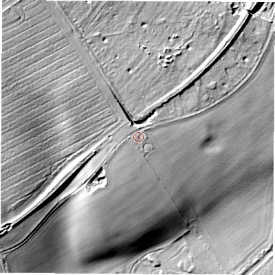 Shaded relief map of the ground around SP117AP, computed from Environment Agency LiDAR. The ground here sits at about 65 m above sea level and falls 28 m across the surrounding 800 m. Surface water reaching this point runs off ground lying to the west, 0.8 m higher.