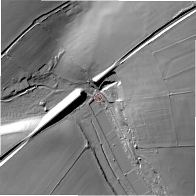 Shaded relief map of the ground around SP117DT, computed from Environment Agency LiDAR. The ground here sits at about 61 m above sea level and falls 26 m across the surrounding 800 m. Surface water reaching this point runs off ground lying to the east, 24.6 m higher.