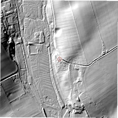 Shaded relief map of the ground around SP117HB, computed from Environment Agency LiDAR. The ground here sits at about 56 m above sea level and falls 24 m across the surrounding 800 m. Surface water reaching this point runs off ground lying to the east-north-east, 7.4 m higher.