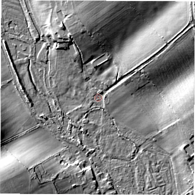 Shaded relief map of the ground around SP117HH, computed from Environment Agency LiDAR. The ground here sits at about 49 m above sea level and falls 19 m across the surrounding 800 m. Surface water reaching this point runs off ground lying to the north-east, 12.8 m higher.