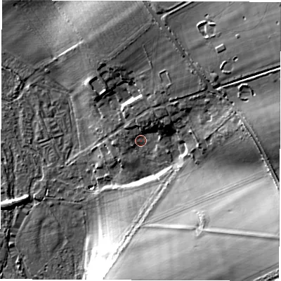 Shaded relief map of the ground around SP117HL, computed from Environment Agency LiDAR. The ground here sits at about 53 m above sea level and falls 29 m across the surrounding 800 m. Surface water reaching this point runs off ground lying to the north-north-east, 5.1 m higher.