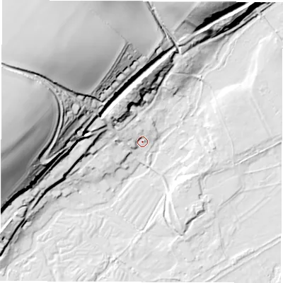 Shaded relief map of the ground around SP117JH, computed from Environment Agency LiDAR. The ground here sits at about 45 m above sea level and falls 54 m across the surrounding 800 m. Surface water reaching this point runs off ground lying to the west-north-west, 7.2 m higher.