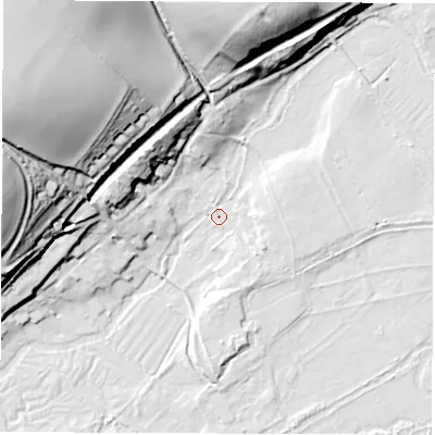 Shaded relief map of the ground around SP117JJ, computed from Environment Agency LiDAR. The ground here sits at about 44 m above sea level and falls 52 m across the surrounding 800 m. Surface water reaching this point runs off ground lying to the north-west, 50.9 m higher.