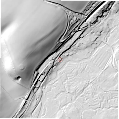 Shaded relief map of the ground around SP117JS, computed from Environment Agency LiDAR. The ground here sits at about 46 m above sea level and falls 54 m across the surrounding 800 m. Surface water reaching this point runs off ground lying to the north-west, 50.1 m higher.