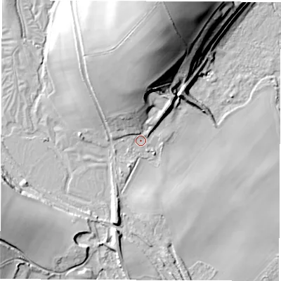Shaded relief map of the ground around SP117JX, computed from Environment Agency LiDAR. The ground here sits at about 43 m above sea level and falls 39 m across the surrounding 800 m. Surface water reaching this point runs off ground lying to the north, 28.7 m higher.