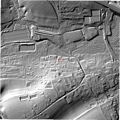 Shaded relief map of the ground around SP117LR, computed from Environment Agency LiDAR. The ground here sits at about 56 m above sea level and falls 47 m across the surrounding 800 m. Surface water reaching this point runs off ground lying to the south, 24.2 m higher.