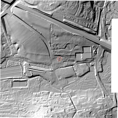 Shaded relief map of the ground around SP117LW, computed from Environment Agency LiDAR. The ground here sits at about 57 m above sea level and falls 28 m across the surrounding 800 m. Surface water reaching this point runs off ground lying to the north, 15.4 m higher.