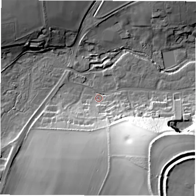 Shaded relief map of the ground around SP117NG, computed from Environment Agency LiDAR. The ground here sits at about 57 m above sea level and falls 49 m across the surrounding 800 m. Surface water reaching this point runs off ground lying to the south-east, 43.1 m higher.