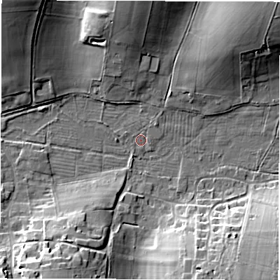 Shaded relief map of the ground around SP117NR, computed from Environment Agency LiDAR. The ground here sits at about 58 m above sea level and falls 19 m across the surrounding 800 m. Surface water reaching this point runs off ground lying to the north-west, 18.0 m higher.
