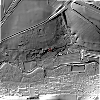 Shaded relief map of the ground around SP117PH, computed from Environment Agency LiDAR. The ground here sits at about 59 m above sea level and falls 25 m across the surrounding 800 m. Surface water reaching this point runs off ground lying to the north-north-west, 7.3 m higher.