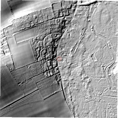 Shaded relief map of the ground around SP117RN, computed from Environment Agency LiDAR. The ground here sits at about 48 m above sea level and falls 34 m across the surrounding 800 m. Surface water reaching this point runs off ground lying to the west, 32.0 m higher.