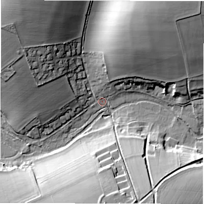 Shaded relief map of the ground around SP118AF, computed from Environment Agency LiDAR. The ground here sits at about 65 m above sea level and falls 30 m across the surrounding 800 m. Surface water reaching this point runs off ground lying to the north-west, 26.2 m higher.