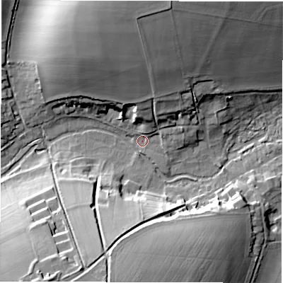Shaded relief map of the ground around SP118AQ, computed from Environment Agency LiDAR. The ground here sits at about 65 m above sea level and falls 29 m across the surrounding 800 m. Surface water reaching this point runs off ground lying to the north, 26.1 m higher.