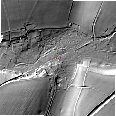 Shaded relief map of the ground around SP118AW, computed from Environment Agency LiDAR. The ground here sits at about 64 m above sea level and falls 29 m across the surrounding 800 m. Surface water reaching this point runs off ground lying to the south-south-west, 4.3 m higher.