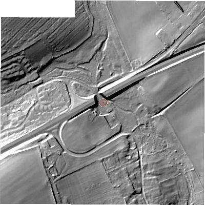 Shaded relief map of the ground around SP118EE, computed from Environment Agency LiDAR. The ground here sits at about 70 m above sea level and falls 31 m across the surrounding 800 m. Surface water reaching this point runs off ground lying to the north-west, 19.6 m higher.