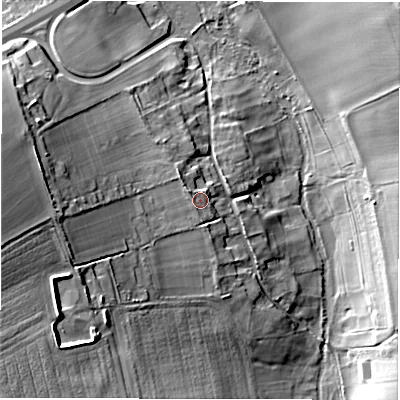 Shaded relief map of the ground around SP118LR, computed from Environment Agency LiDAR. The ground here sits at about 78 m above sea level and falls 35 m across the surrounding 800 m. Surface water reaching this point runs off ground lying to the north-west, 3.2 m higher.
