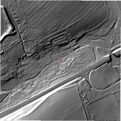 Shaded relief map of the ground around SP118LZ, computed from Environment Agency LiDAR. The ground here sits at about 72 m above sea level and falls 33 m across the surrounding 800 m. Surface water reaching this point runs off ground lying to the north-west, 24.2 m higher.