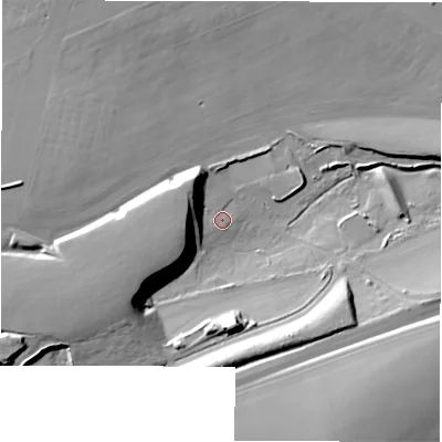 Shaded relief map of the ground around SP118PW, computed from Environment Agency LiDAR. The ground here sits at about 84 m above sea level and falls 21 m across the surrounding 800 m. Surface water reaching this point runs off ground lying to the west-north-west, 13.4 m higher.