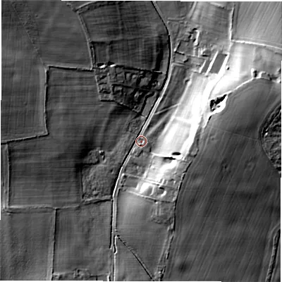 Shaded relief map of the ground around SP119AD, computed from Environment Agency LiDAR. The ground here sits at about 86 m above sea level and falls 19 m across the surrounding 800 m. Surface water reaching this point runs off ground lying to the east-north-east, 17.3 m higher.