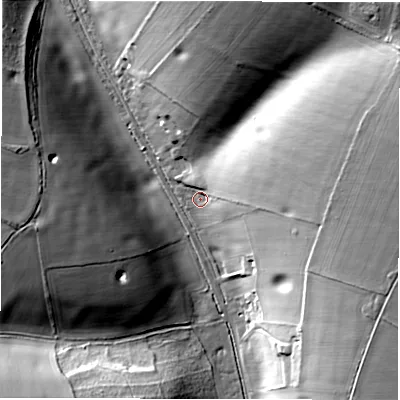 Shaded relief map of the ground around SP119AN, computed from Environment Agency LiDAR. The ground here sits at about 101 m above sea level and falls 32 m across the surrounding 800 m. Surface water reaching this point runs off ground lying to the east-north-east, 24.7 m higher.