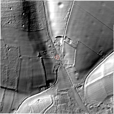 Shaded relief map of the ground around SP119AP, computed from Environment Agency LiDAR. The ground here sits at about 94 m above sea level and falls 26 m across the surrounding 800 m. Surface water reaching this point runs off ground lying to the north-north-east, 23.6 m higher.