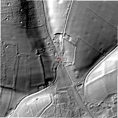 Shaded relief map of the ground around SP119AR, computed from Environment Agency LiDAR. The ground here sits at about 94 m above sea level and falls 26 m across the surrounding 800 m. Surface water reaching this point runs off ground lying to the north-north-east, 23.2 m higher.