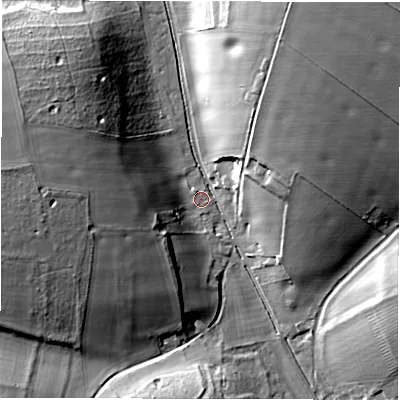 Shaded relief map of the ground around SP119AW, computed from Environment Agency LiDAR. The ground here sits at about 95 m above sea level and falls 27 m across the surrounding 800 m. Surface water reaching this point runs off ground lying to the west, 18.1 m higher.