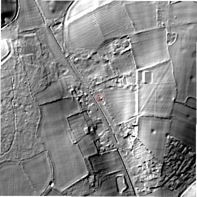 Shaded relief map of the ground around SP119BH, computed from Environment Agency LiDAR. The ground here sits at about 92 m above sea level and falls 27 m across the surrounding 800 m. Surface water reaching this point runs off ground lying to the north-east, 24.3 m higher.