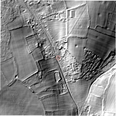 Shaded relief map of the ground around SP119BL, computed from Environment Agency LiDAR. The ground here sits at about 90 m above sea level and falls 25 m across the surrounding 800 m. Surface water reaching this point runs off ground lying to the north-north-east, 21.1 m higher.