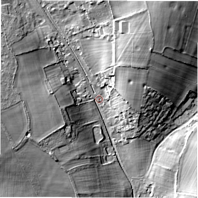 Shaded relief map of the ground around SP119BN, computed from Environment Agency LiDAR. The ground here sits at about 90 m above sea level and falls 25 m across the surrounding 800 m. Surface water reaching this point runs off ground lying to the north-north-east, 22.4 m higher.