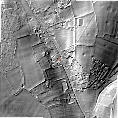 Shaded relief map of the ground around SP119BQ, computed from Environment Agency LiDAR. The ground here sits at about 91 m above sea level and falls 25 m across the surrounding 800 m. Surface water reaching this point runs off ground lying to the north-east, 22.8 m higher.