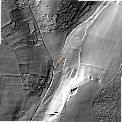 Shaded relief map of the ground around SP119BT, computed from Environment Agency LiDAR. The ground here sits at about 89 m above sea level and falls 19 m across the surrounding 800 m. Surface water reaching this point runs off ground lying to the east-north-east, 6.1 m higher.