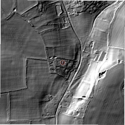 Shaded relief map of the ground around SP119BU, computed from Environment Agency LiDAR. The ground here sits at about 91 m above sea level and falls 19 m across the surrounding 800 m. Surface water reaching this point runs off ground lying to the north-west, 5.4 m higher.