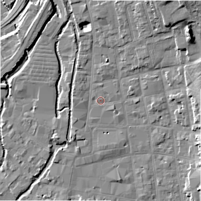 Shaded relief map of the ground around SP11AB, computed from Environment Agency LiDAR. The ground here sits at about 47 m above sea level and falls 14 m across the surrounding 800 m. Surface water reaching this point runs off ground lying to the north-north-west, 0.9 m higher.