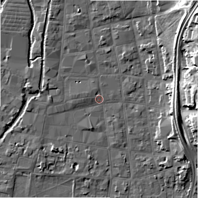 Shaded relief map of the ground around SP11AH, computed from Environment Agency LiDAR. The ground here sits at about 47 m above sea level and falls 19 m across the surrounding 800 m. Surface water reaching this point runs off ground lying to the west-north-west, 1.9 m higher.