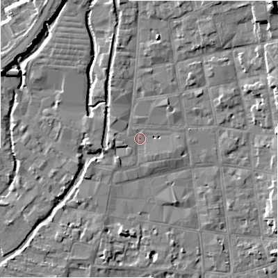 Shaded relief map of the ground around SP11AJ, computed from Environment Agency LiDAR. The ground here sits at about 47 m above sea level and falls 12 m across the surrounding 800 m. Surface water reaching this point runs off ground lying to the west-south-west, 1.1 m higher.