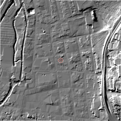 Shaded relief map of the ground around SP11AL, computed from Environment Agency LiDAR. The ground here sits at about 47 m above sea level and falls 23 m across the surrounding 800 m. Surface water reaching this point runs off ground lying to the north-north-east, 1.1 m higher.