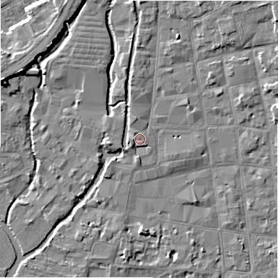Shaded relief map of the ground around SP11BA, computed from Environment Agency LiDAR. The ground here sits at about 48 m above sea level and falls 8 m across the surrounding 800 m. Surface water reaching this point runs off ground lying to the north, 1.0 m higher.