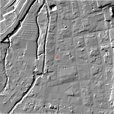 Shaded relief map of the ground around SP11BB, computed from Environment Agency LiDAR. The ground here sits at about 47 m above sea level and falls 13 m across the surrounding 800 m. Surface water reaching this point runs off ground lying to the north, 5.4 m higher.