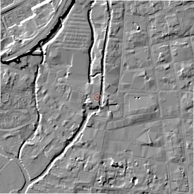 Shaded relief map of the ground around SP11BD, computed from Environment Agency LiDAR. The ground here sits at about 48 m above sea level and falls 8 m across the surrounding 800 m. Surface water reaching this point runs off ground lying to the east-south-east, 1.7 m higher.
