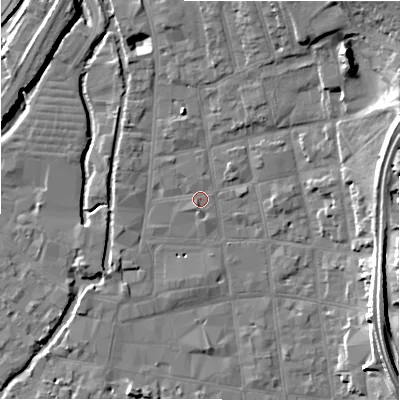 Shaded relief map of the ground around SP11BG, computed from Environment Agency LiDAR. The ground here sits at about 47 m above sea level and falls 15 m across the surrounding 800 m. Surface water reaching this point runs off ground lying to the south-south-west, 1.3 m higher.