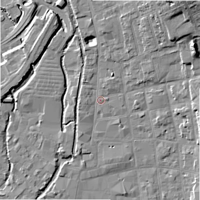 Shaded relief map of the ground around SP11BN, computed from Environment Agency LiDAR. The ground here sits at about 47 m above sea level and falls 17 m across the surrounding 800 m. Surface water reaching this point runs off ground lying to the north-north-east, 12.8 m higher.